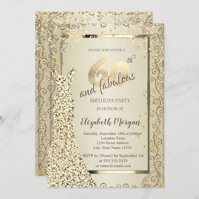 Chic Sequins Dress Gold 60th Birthday Invitation (Front/Back)