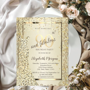 Chic Sequins Dress Gold 90th Birthday Invitation
