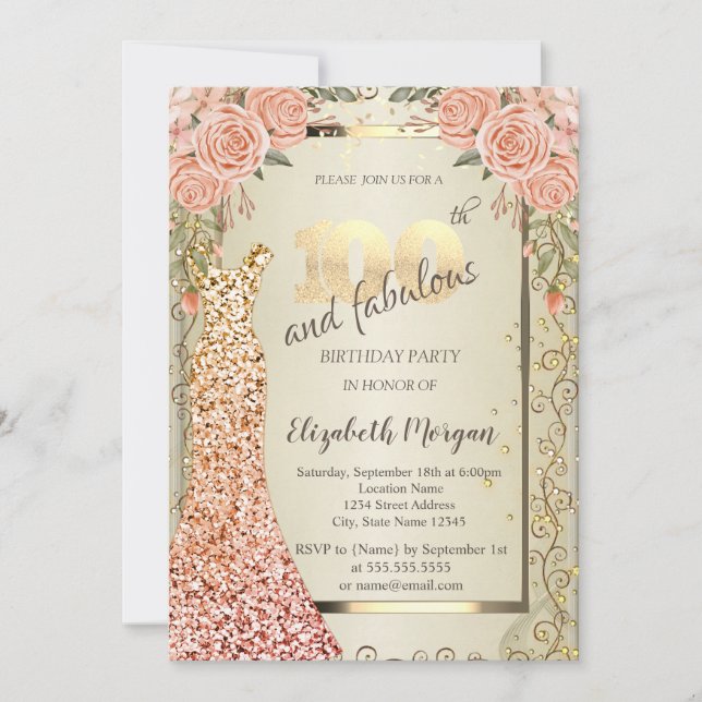 Chic Sequins Dress Roses Gold 100th Birthday Invitation (Front)