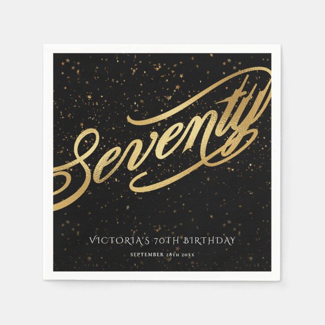 Chic Seventy 70th Confetti Calligraphy Gold Black Napkin (Front)