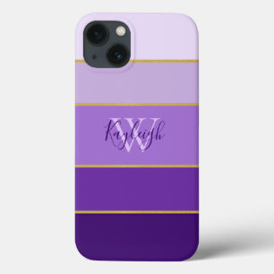 Chic Shades of Purple Stripes with Name iPhone 13 Case