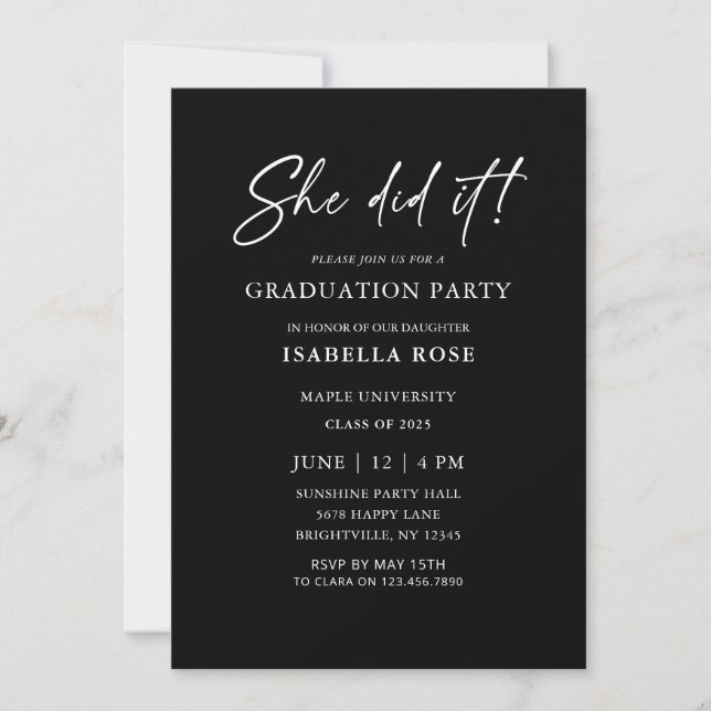 Chic She did it Black and White Graduation Party Invitation (Front)