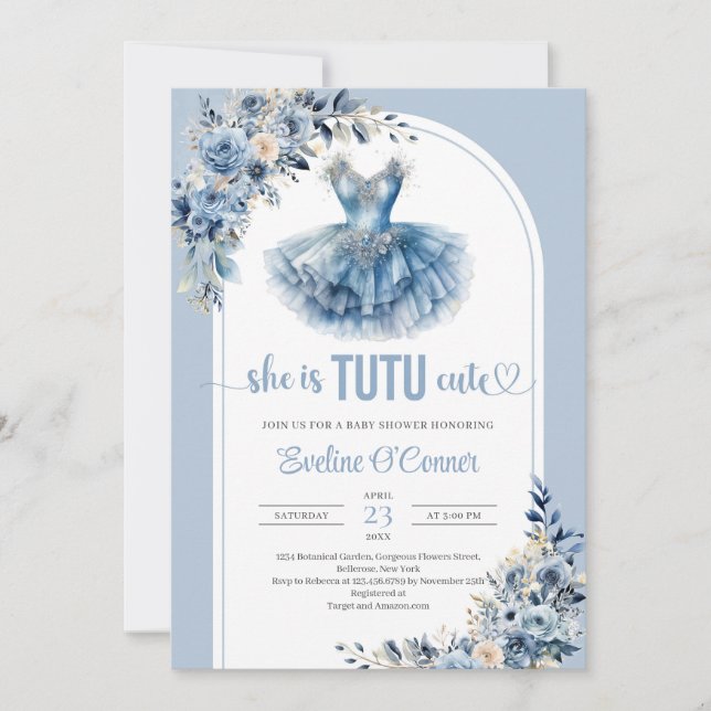 Chic she is TUTU cute navy blue floral Baby Shower Invitation (Front)