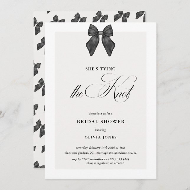 Chic 'She's Tying the Knot Black Bow Bridal Shower Invitation (Front/Back)