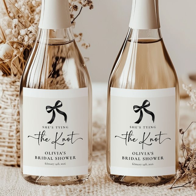 Chic She's Tying the Knot Black Bow Bridal Shower Sparkling Wine Label (Creator Uploaded)