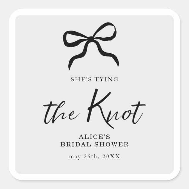 Chic She's Tying the Knot Black Bow Bridal Shower Square Sticker (Front)