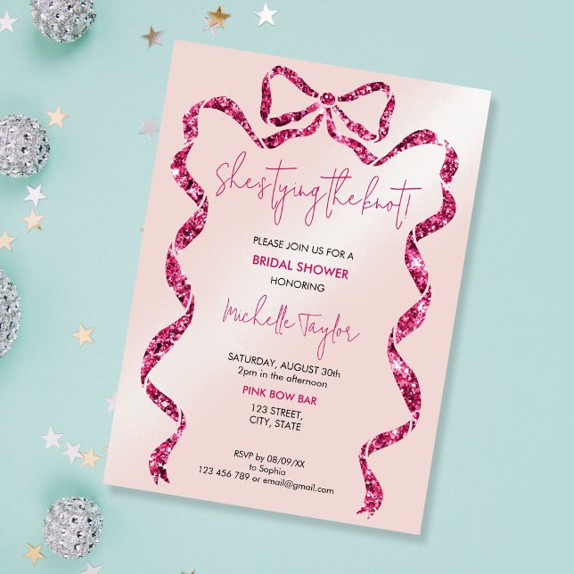 Chic She's Tying the Knot Pink Bow Bridal Shower Invitation (Creator Uploaded)