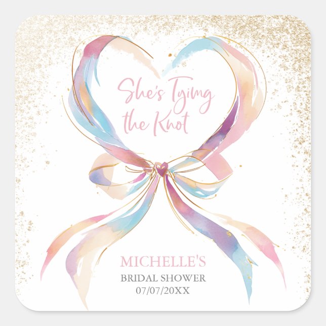 Chic She's Tying The Knot Pink Bow Bridal Shower  Square Sticker (Front)