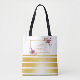 Chic Shiny Golden Foil Stripes Girly Name Monogram Tote Bag