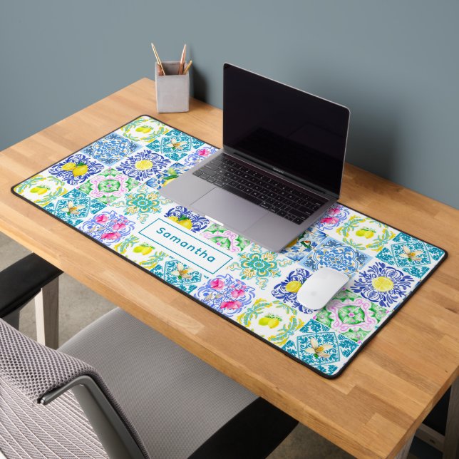 Chic Sicilian azulejo Amalfi Mediterranean tiles Desk Mat (Office 2)