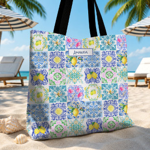 Chic Sicilian azulejo Amalfi Mediterranean tiles Tote Bag