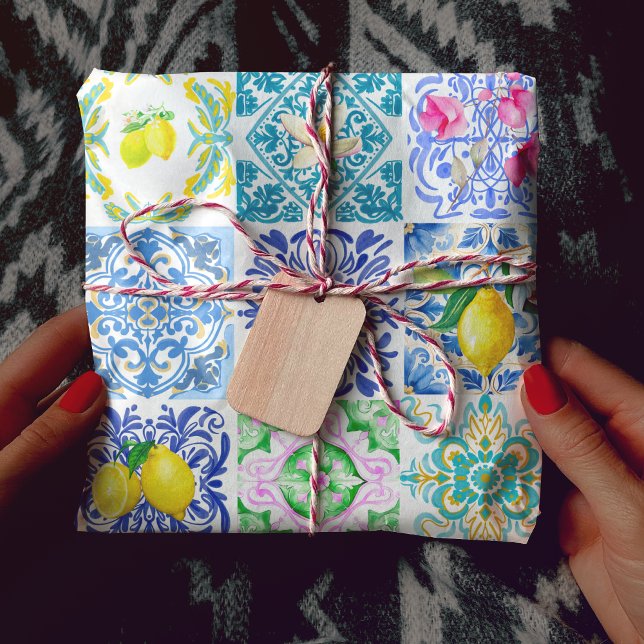 Chic Sicilian azulejo Amalfi Mediterranean tiles Wrapping Paper (Creator Uploaded)