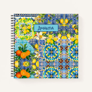 Chic Sicilian Blue Turquoise Citrus Floral Tiles Notebook