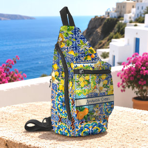 Chic Sicilian Blue Turquoise Citrus Floral Tiles Sling Bag