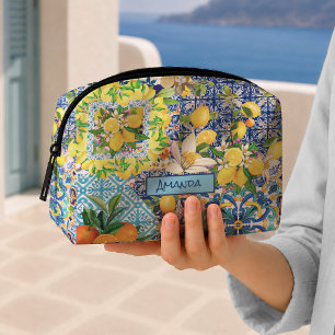 Chic Sicilian Blue Turquoise Floral Tile Dopp Kit