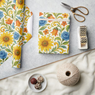 Chic Sicilian Colourful Leaves Floral Art Pattern Wrapping Paper