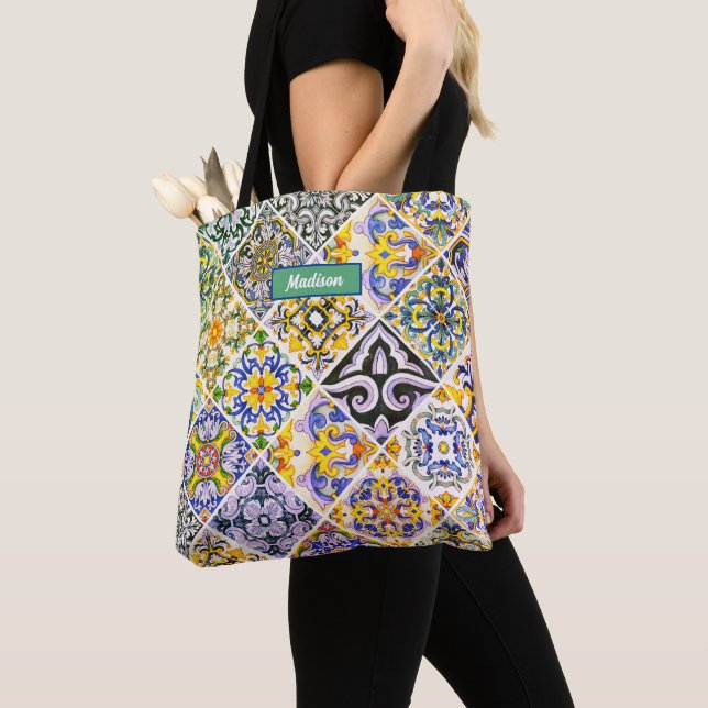 Chic Sicilian Mediterranean green tiles Tote Bag (Close Up)