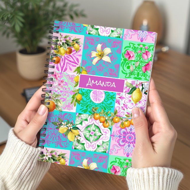 Chic Sicilian Pink Citrus Floral Tile Collage Notebook (Creator Uploaded)