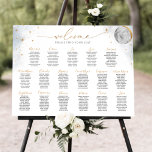 Chic Silver and Gold Celestial Seating Chart Sign<br><div class="desc">Elegant 17 tables or less, silver and gold Celestial Wedding seating chart with beautiful watercolor starry sky and moon. Hand written calligraphy details through out. Option to add table numbers (i.e. "table 1") or keep our constellation table names. For events with less than 17 simply erase from template text boxes...</div>
