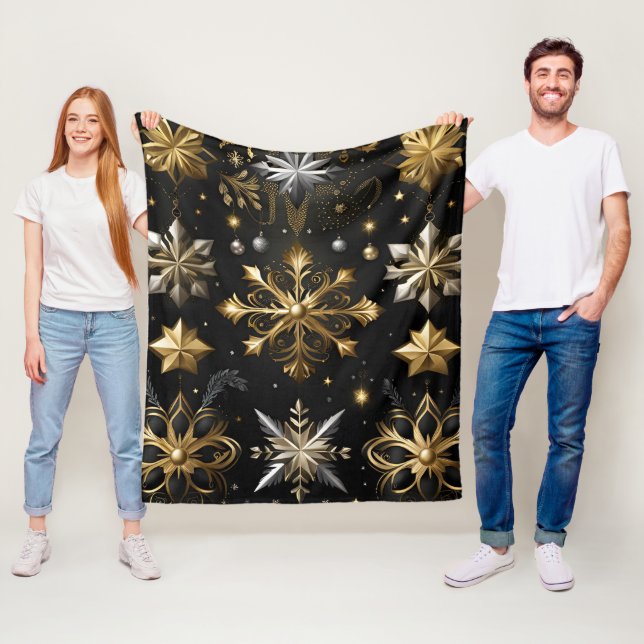 Chic Silver And Gold Snowflakes Fleece Blanket (In Situ)
