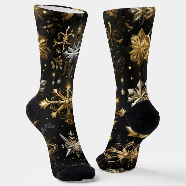 Chic Silver And Gold Snowflakes Socks (Angled)