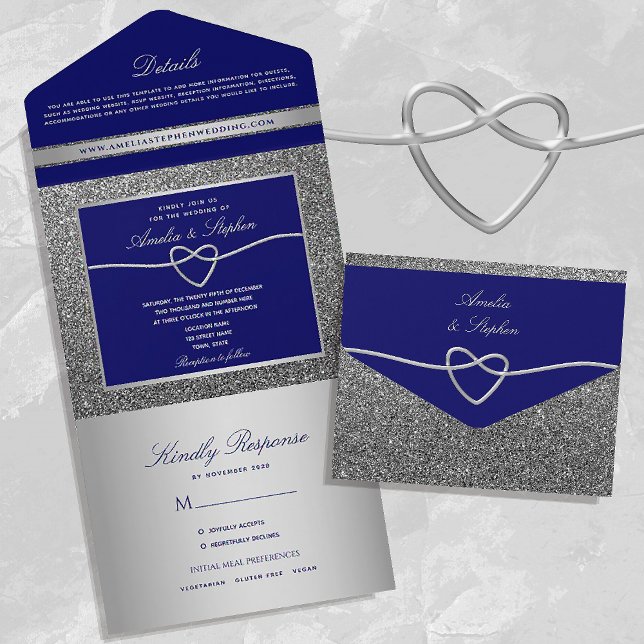 Chic Silver and Royal Blue Wedding All In One Invitation (Creator Uploaded)