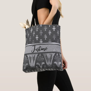 Chic Silver Ankh Cross Egyptian Lotus Personalised Tote Bag