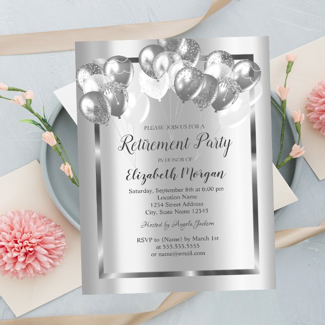 Chic Silver Balloons,Frame,Retirement   Invitation (Creator Uploaded)