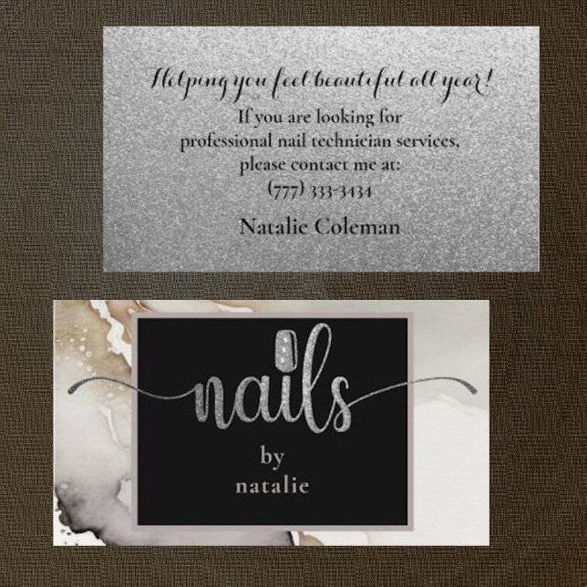 Chic Silver & Black Nail Technician Business Card (Creator Uploaded)