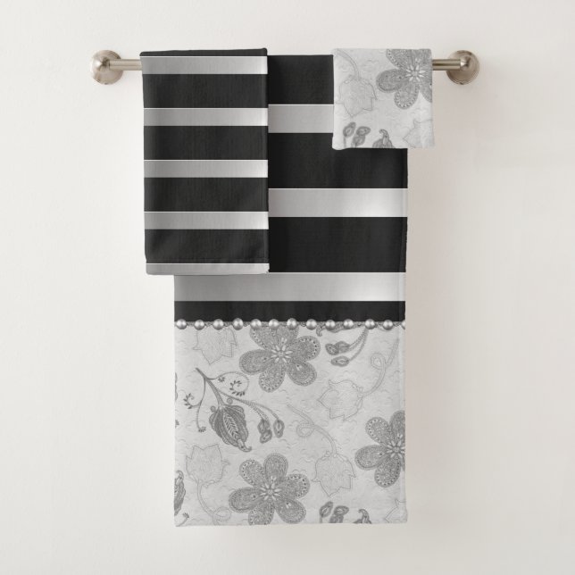 Chic Silver Black Stripes Floral  Bath Towel Set (Insitu)