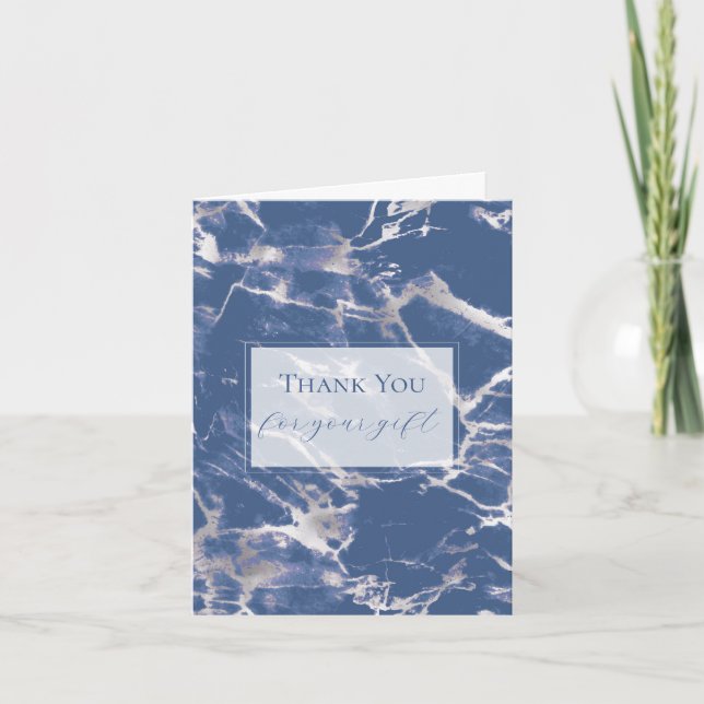 Chic Silver Blue Marble Wedding Thank You Card (Front)