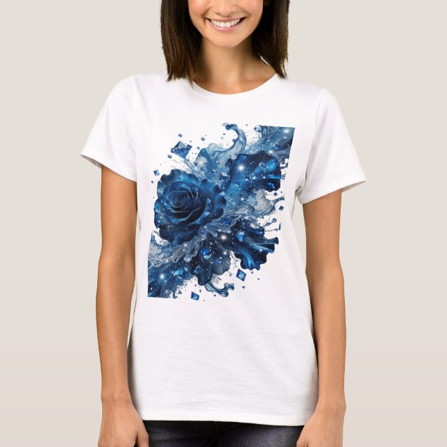 Chic Silver BLUE ROSE WITH CRYSTALS Graphic Tee (Front)