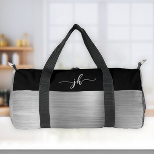 Chic Silver Brushed Metal Black Script Monogram  Duffle Bag