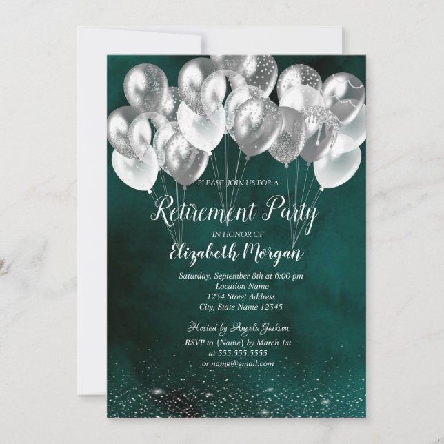 Chic Silver Confetti Balloons Green Retirement Invitation (Front)