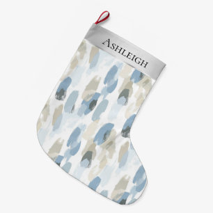 Chic Silver Cream Blue White Abstract Christmas   Large Christmas Stocking