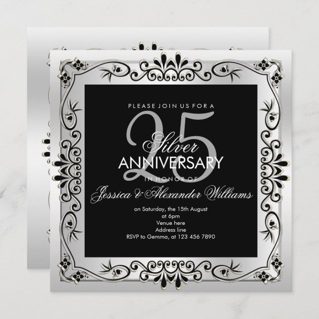 Chic Silver Decorative Framed 25th Anniversary Invitation (Front/Back)