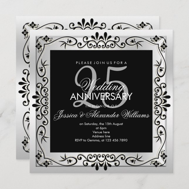 Chic Silver Decorative Framed 25th Anniversary Invitation (Front/Back)