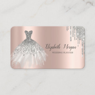 Chic Silver Dress Glitter Drips Rose Gold Business Card