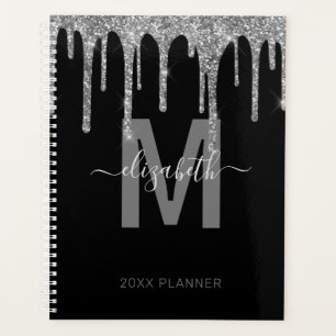 Chic Silver Dripping Glitter Monogram Name 2022 Planner