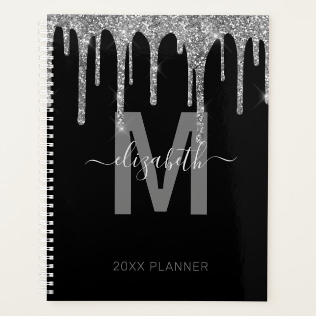 Chic Silver Dripping Glitter Monogram Name 2024 Planner (Front)