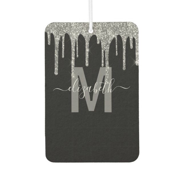 Chic Silver Dripping Glitter Monogram Name Car Air Freshener (Front)