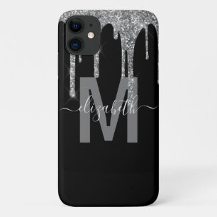 Chic Silver Dripping Glitter Monogram Name iPhone 11 Case