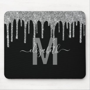 Chic Silver Dripping Glitter Monogram Name Mouse Pad