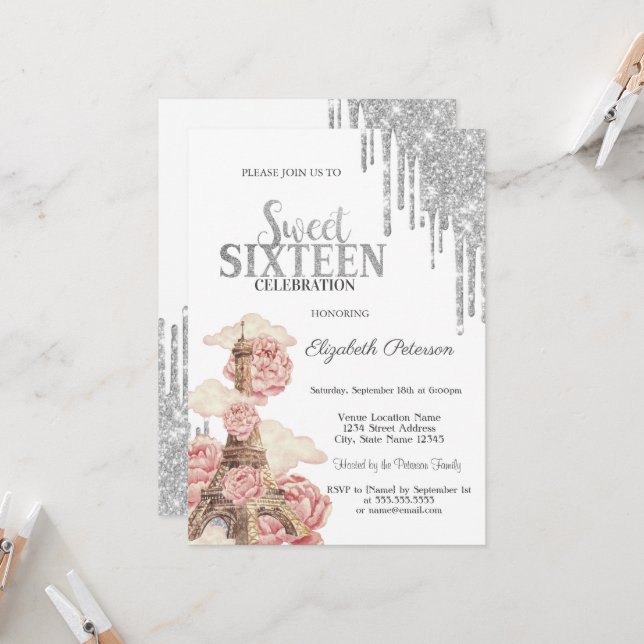 Chic Silver Drips,Eiffel Tower Peonies Sweet 16 Invitation (Front/Back In Situ)