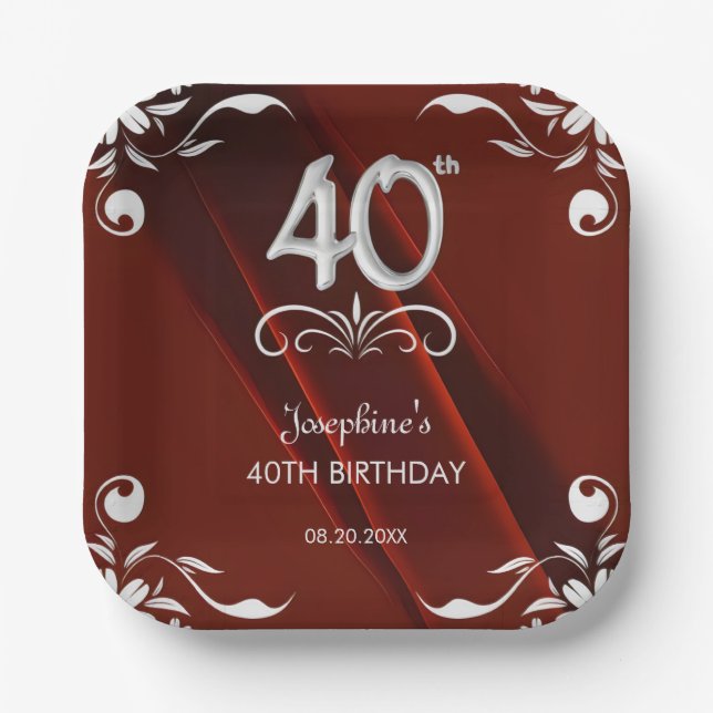 Chic Silver Floral Frame Burgundy 40th Birthday Paper Plate (Front)