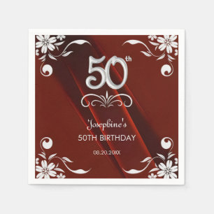 Chic Silver Floral Frame Burgundy 50th Birthday Napkin