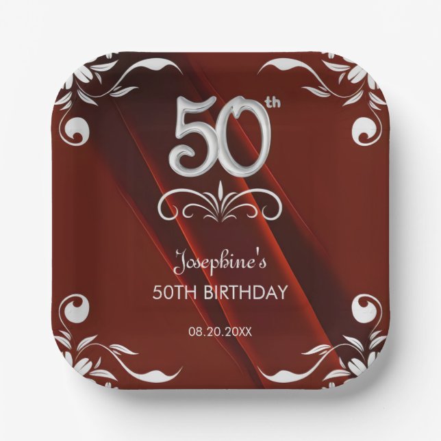 Chic Silver Floral Frame Burgundy 50th Birthday Paper Plate (Front)