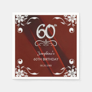 Chic Silver Floral Frame Burgundy 60th Birthday Napkin