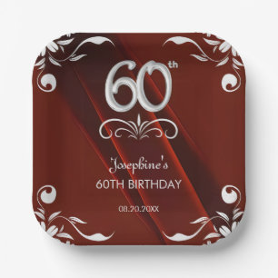 Chic Silver Floral Frame Burgundy 60th Birthday Paper Plate