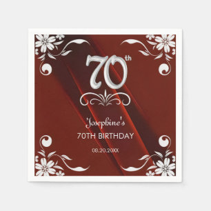 Chic Silver Floral Frame Burgundy 70th Birthday Napkin